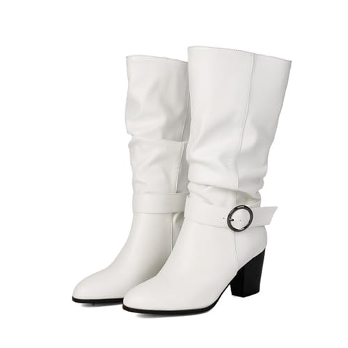 TNMIUH Damen Halbstiefel mit Schnalle,6,5cm Blockabsatz, Doppelschnallen, Modische Herbst Winter Damen Biker Stiefel, Schwarz & Weiß,Weiß,45 EU von TNMIUH