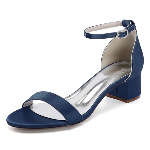 TNMIUH Damen Hochzeits Sandalenmit Niedriger Blockabsatz, Knöchelriemen, Weiß/Elfenbein, Elegante Hochzeitsschuhe,Bequeme Braut Pumps, Brautjungfern,Marine,43 EU von TNMIUH