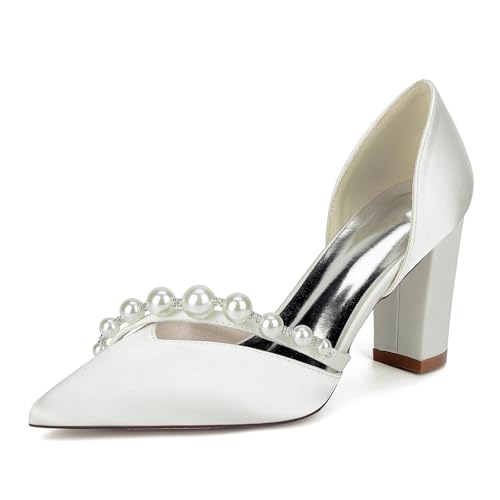 TNMIUH Bequeme Brautschuhe mit Blockabsatz für Damen, Elegante Pumps mit geschlossener Spitze und Perlen, für Hochzeiten, Verlobungen, Partys,Elfenbein,40 EU von TNMIUH