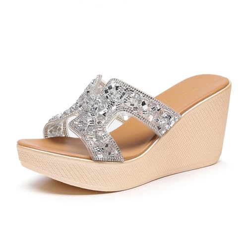 TNMIUH Damen Keilabsatz Pantoletten mit Strass Verzierung,Plateausohle,Kristall Slip-On-Heels Kleid Sandalen, Sommer-Strand-Urlaubssandalen mit offener Spitze, Gold, Silber,Silber,32 EU von TNMIUH