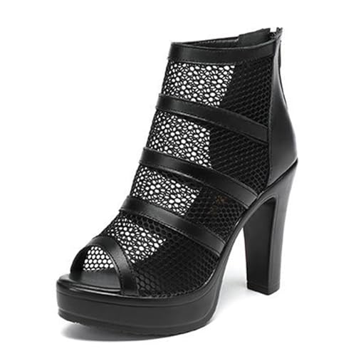 TNMIUH Damen Mesh-Plateau Sandalen, 10cm Blockabsatz, Netzstoff mit Riemen, Sexy Peep-Toe-Stiefeletten,Sommer High Heel Sandalen, Schwarz Pumps,Schwarz,37 EU von TNMIUH