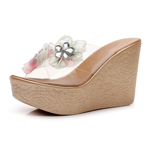 TNMIUH Damen Pantoletten mit Blumen-Applikation, Transparente Riemen, Keilabsatz-Heel Plateau, Lip-On-Freizeit-Absatzsandalen, Sommer-Strandurlaubssandalen,Clear 10cm,33 EU von TNMIUH