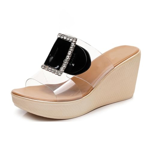 TNMIUH Damen Pantoletten mit Kristall-Schnalle, Keilabsatz Heel Plateau, Transparent Slipper Sandalen,Sommer Offene Zehenpartie Strand Urlaub Freizeit Schuhe,Black 8cm,32 EU von TNMIUH