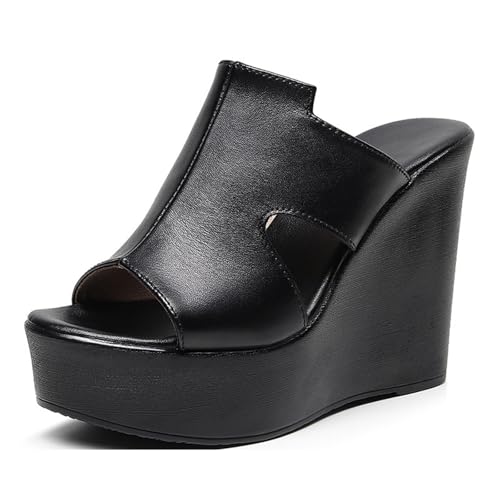 TNMIUH Damen Plateau-Leder Pantoletten, Peep-Toe Zehenpartie Slip-On Hoher Keilabsatz Sandalen, Sommer Freizeit High Plateau Slides,Schwarz und Weiß,Black 11.5cm,41 EU von TNMIUH
