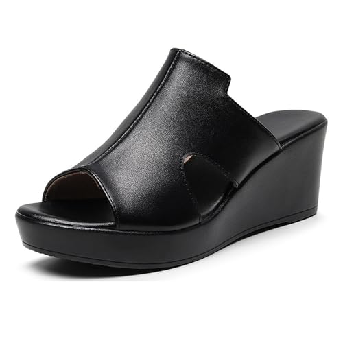 TNMIUH Damen Plateau-Leder Pantoletten, Peep-Toe Zehenpartie Slip-On Hoher Keilabsatz Sandalen, Sommer Freizeit High Plateau Slides,Schwarz und Weiß,Black 6cm,36 EU von TNMIUH