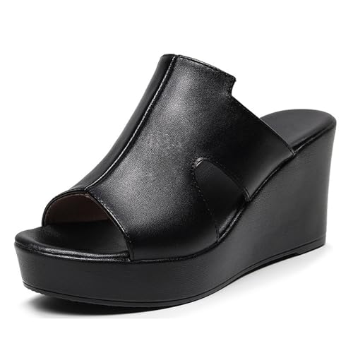 TNMIUH Damen Plateau-Leder Pantoletten, Peep-Toe Zehenpartie Slip-On Hoher Keilabsatz Sandalen, Sommer Freizeit High Plateau Slides,Schwarz und Weiß,Black 8cm,37 EU von TNMIUH