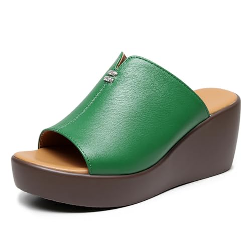 TNMIUH Damen Plateau-Pantoletten, Keilabsatz 6.5 cm, Leder Sandalen, Sommer High Plateau Slides, Schwarz und Braun, Weiß,Grün,42 EU von TNMIUH