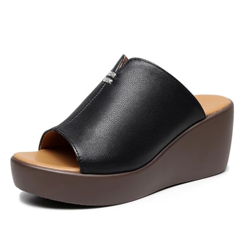TNMIUH Damen Plateau-Pantoletten, Keilabsatz 6.5 cm, Leder Sandalen, Sommer High Plateau Slides, Schwarz und Braun, Weiß,Schwarz,43 EU von TNMIUH