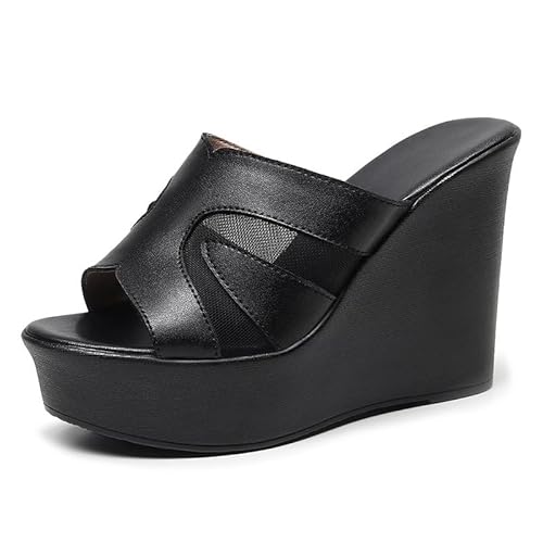 TNMIUH Damen Plateau-Pantoletten, Mesh-Detail, Keilabsatz, Sommer-Freizeit-High-Leder-Plateau- Slipper, Schwarz und Weiß,Black 11.5cm,32 EU von TNMIUH