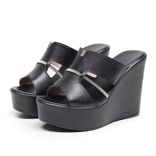 TNMIUH Damen Plateau-Pantoletten, Sandalen mit Keilabsatz, Peep-Toe Design, Schwarz und Weiß, Sommer High Plateau Slides,Black 11.5cm,40 EU von TNMIUH