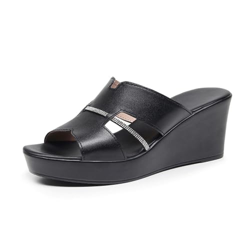 TNMIUH Damen Plateau-Pantoletten, Sandalen mit Keilabsatz, Peep-Toe Design, Schwarz und Weiß, Sommer High Plateau Slides,Black 6cm,42 EU von TNMIUH
