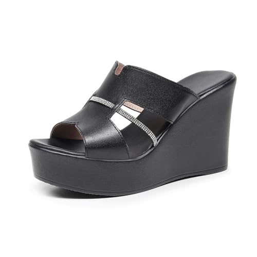 TNMIUH Damen Plateau-Pantoletten, Sandalen mit Keilabsatz, Peep-Toe Design, Schwarz und Weiß, Sommer High Plateau Slides,Black 8cm,40 EU von TNMIUH