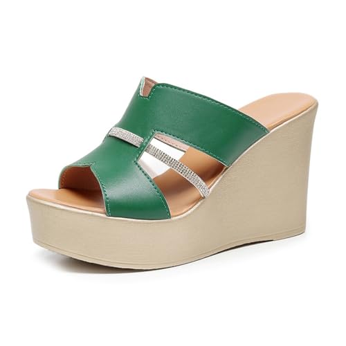 TNMIUH Damen Plateau-Pantoletten, Sandalen mit Keilabsatz, Peep-Toe Design, Schwarz und Weiß, Sommer High Plateau Slides,Green 10cm,41 EU von TNMIUH