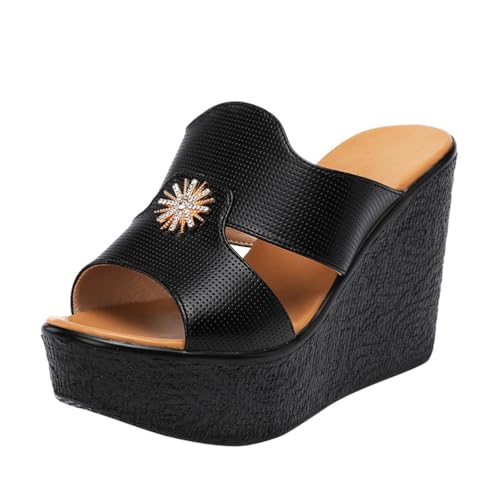 TNMIUH Damen Plateau-Pantoletten mit Kristall-Verzierung, 11 cm Keilabsatz, Perforiertes Design, Peep-Toe, Sommer Leder Hausschuhe, Schwarz/Weiß,Black 11cm,38 EU von TNMIUH