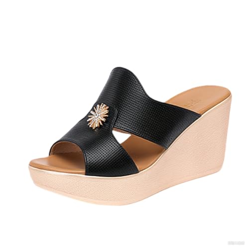 TNMIUH Damen Plateau-Pantoletten mit Kristall-Verzierung, 11 cm Keilabsatz, Perforiertes Design, Peep-Toe, Sommer Leder Hausschuhe, Schwarz/Weiß,Black 8cm,36 EU von TNMIUH