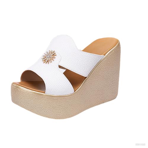 TNMIUH Damen Plateau-Pantoletten mit Kristall-Verzierung, 11 cm Keilabsatz, Perforiertes Design, Peep-Toe, Sommer Leder Hausschuhe, Schwarz/Weiß,White 11cm,35 EU von TNMIUH