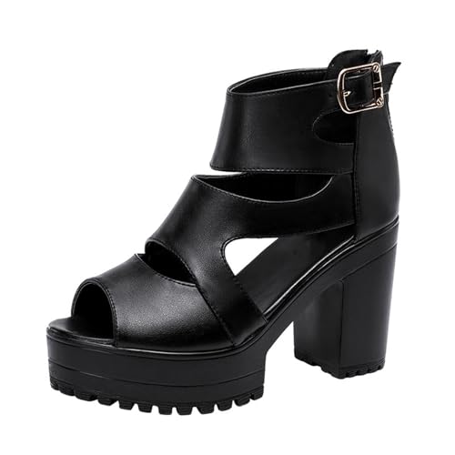 TNMIUH Damen Plateau-Sandalen mit Blockabsatz, Knöchelriemen,Sexy Offene Peep-Toe-High-Heels, Sommerkleid-Sandalen mit Blockabsatz,Cutout-Design, Schwarz,Schwarz,43 EU von TNMIUH