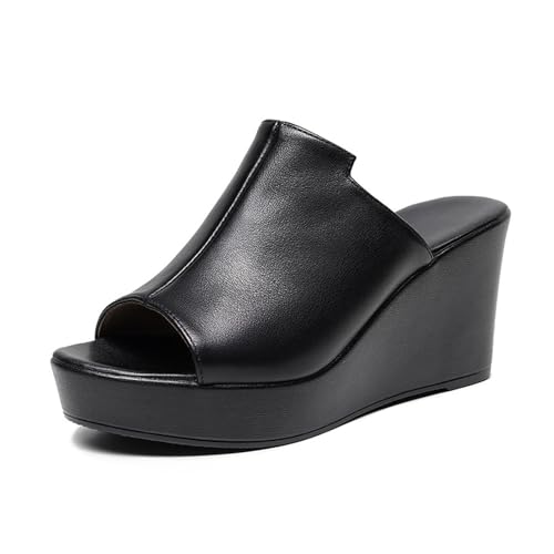 TNMIUH Damen Plateau-Sandalen mit Keilabsatz, Peep-Toe Slip-On Leder Pantoletten,Sommer High Plateau Slides, Schwarz und Grün,Black 8cm,37 EU von TNMIUH