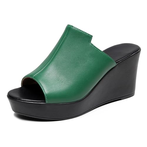 TNMIUH Damen Plateau-Sandalen mit Keilabsatz, Peep-Toe Slip-On Leder Pantoletten,Sommer High Plateau Slides, Schwarz und Grün,Green 8cm,34 EU von TNMIUH