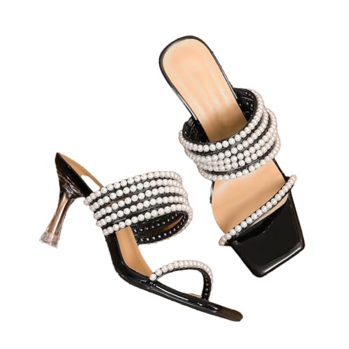 TNMIUH Damen Sandalen mit Perlenbesatz, Metallic-Silber, Transparenter Absatz, Elegantes Design Slip-On-Sandalen Pumps für Kleid, Party, Büro, Hochzeit,Schwarz,35 EU von TNMIUH