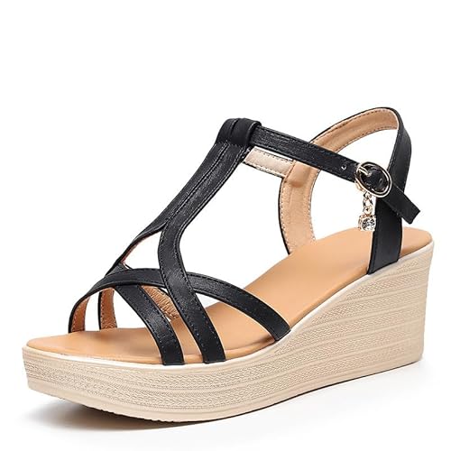 TNMIUH Damen Sandalen mit T-Riemen, Keilabsatz 8cm, Freizeit Mode Plateau-Sandaletten, Sommer-Schuhe, Schwarz & Gold,Alltag,Büro,Black 6cm,37 EU von TNMIUH