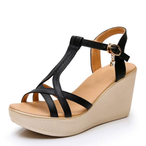 TNMIUH Damen Sandalen mit T-Riemen, Keilabsatz 8cm, Freizeit Mode Plateau-Sandaletten, Sommer-Schuhe, Schwarz & Gold,Alltag,Büro,Black 8cm,39 EU von TNMIUH