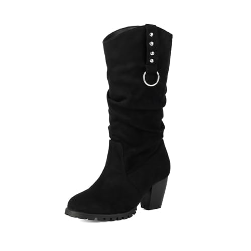 TNMIUH Damen-Stiefel, Kniehoch, Schwarz, Wildleder-Optik, Blockabsatz 6,5 cm, Metallösen, lässige Lange Bikerstiefel für Herbst und Winter,Schwarz,41.5 EU von TNMIUH