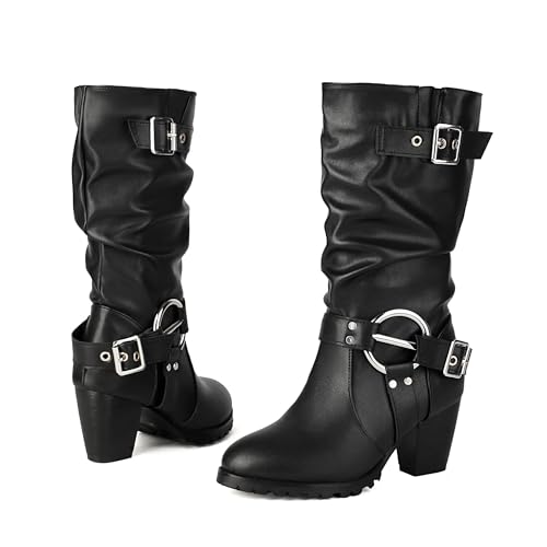TNMIUH Damen Stiefel mit Schnallen, Blockabsatz 6,5 cm, Modische Herbst Winter Damen Biker Stiefel, Schwarz,Schwarz,38.5 EU von TNMIUH