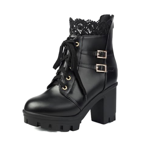 TNMIUH Damen Stiefeletten mit Spitzenbesatz, Schnürung, Doppelschnallen, Blockabsatz, Plateausohle, in Weiß, Schwarz, Rosa,Schwarz,35 EU von TNMIUH