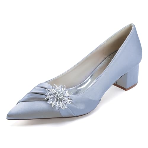 TNMIUH Elegante Brautschuhe, Satin mit Kristall-Brosche, Spitze Form, 4.5cm Niedriger Blockabsatz, Bequemer Hochzeit Pumps für Braut, Brautjungfern, Multiple Colors,Blau,41 EU von TNMIUH