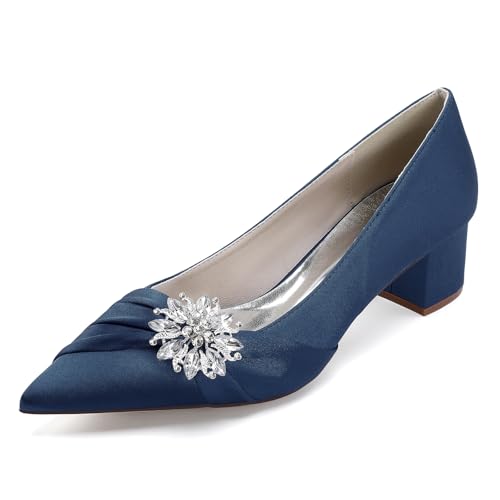 TNMIUH Elegante Brautschuhe, Satin mit Kristall-Brosche, Spitze Form, 4.5cm Niedriger Blockabsatz, Bequemer Hochzeit Pumps für Braut, Brautjungfern, Multiple Colors,Marine,36 EU von TNMIUH