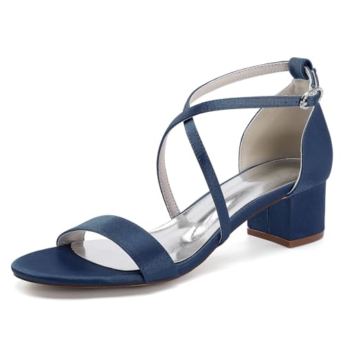 TNMIUH Elegante Damen Hochzeit Sandalen, Niedrigem Blockabsatz, Knöchelriemen, Bequeme BrautSchuhe, 4,5 cm Absatz, Weiß/Elfenbein Braut Pumps, Brautjungfern,Marine,43 EU von TNMIUH