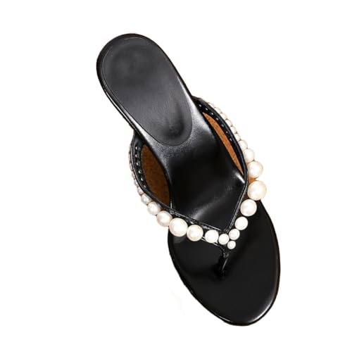 TNMIUH Elegante Damen Sandalen mit Perlenbesatz, Kitten Heel, Flip-Flop-Absatz für Kleid, Party, Hochzeit,Büro,Weiß und Schwarz,Schwarz,35 EU von TNMIUH