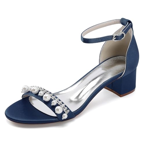TNMIUH Elegante Weiß Brautschuhe, Niedrigem Blockabsatz 4.5cm, Perlen und Strasssteinen, Damen Knöchelriemen Hochzeit Heel Sandalen Für Braut, Elfenbein Hochzeit Bequeme Pumps,Marine,41 EU von TNMIUH