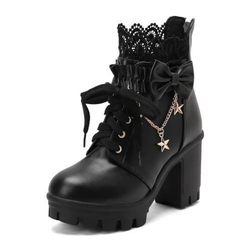 TNMIUH Lolita Stiefel mit Spitzenbesatz Damen Plateausohle und Blockabsatz, Schleifenverzierung und Sternen-Charm, in Rosa und Schwarz,Schwarz,40 EU von TNMIUH