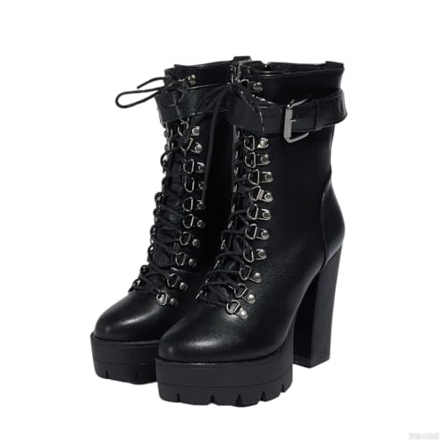 TNMIUH Plateau-Stiefeletten mit Schnürung Damen, 11,5cm Heel Blockabsatz, Reißverschluss, Modisch Lässig Stiefeletten Frühling Herbst, Schnallenverschluss, Schwarz, Braun,Schwarz,38.5 EU von TNMIUH