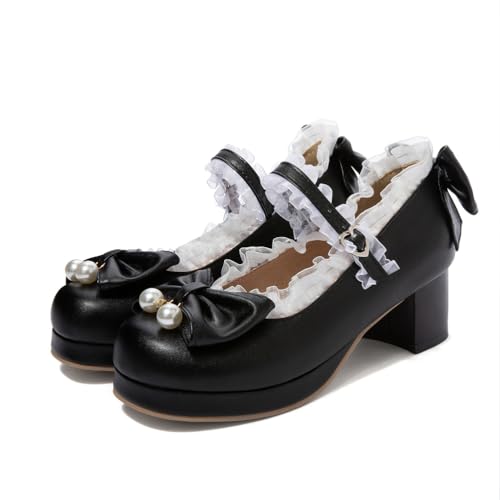 TNMIUH Süße Lolita Mary Jane Pumps für Damen, 5cm Blockabsatz mit Perlen-Schleife, Spitzenbesatz, Knöchelriemen, Lolita Schuhe mit Runder Spitze, in Schwarz, Rosa und Beige,Schwarz,39 EU von TNMIUH