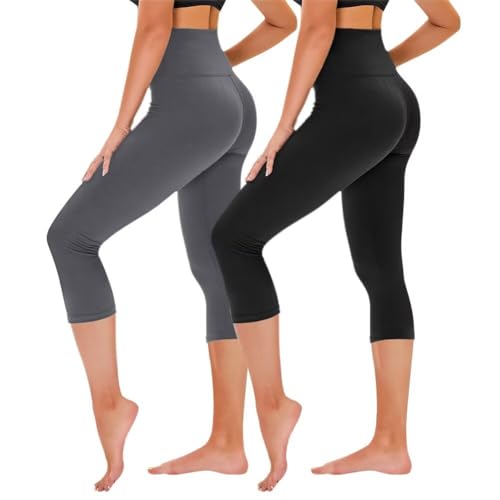 TNNZEET 2er Pack 3/4 Leggings Damen Capri Leggins für Sport, 7/8 Sporthose High Waist Sportleggings für Gym(Schwarz/Dunkelgrau,XXL) von TNNZEET