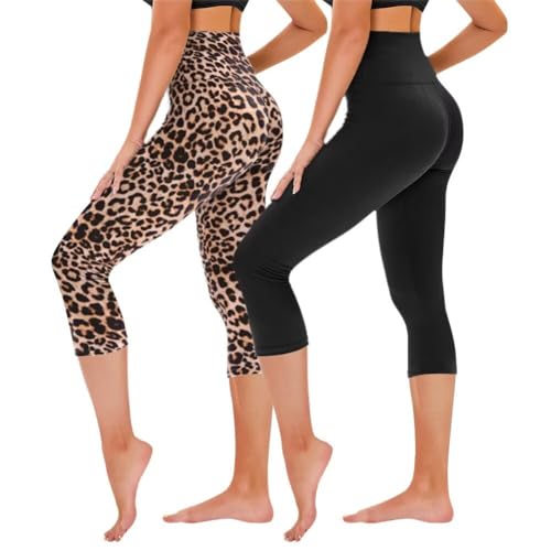 TNNZEET 2er Pack 3/4 Leggings Damen Capri Leggins für Sport, 7/8 Sporthose High Waist Sportleggings für Gym(Schwarz/Leopard,S-M) von TNNZEET