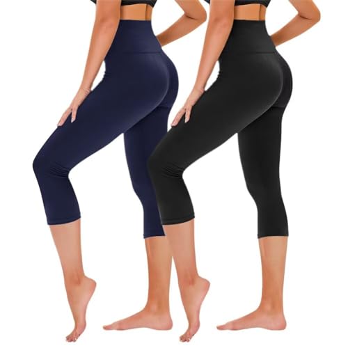 TNNZEET 2er Pack 3/4 Leggings Damen Capri Leggins für Sport, 7/8 Sporthose High Waist Sportleggings für Gym(Schwarz/Marineblau,XXL) von TNNZEET