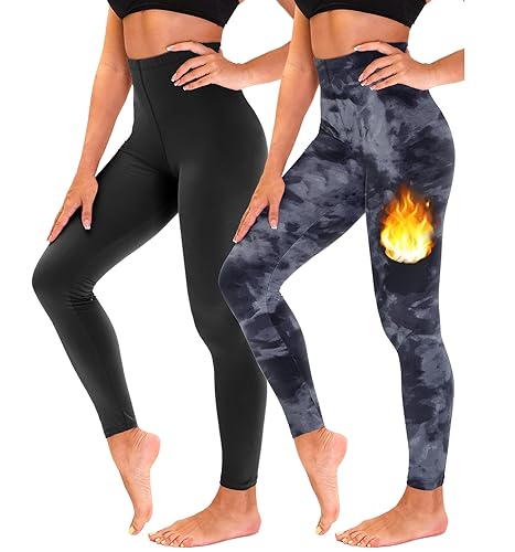 TNNZEET 2er Pack Thermo Leggings Damen Thermoleggins gefüttert Warme im Winter（Schwarz/Bedruckter Tie-dye,XXL von TNNZEET