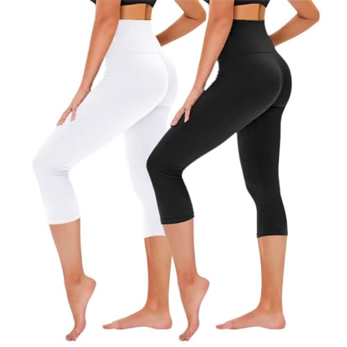 TNNZEET 3/4 Leggings Damen Capri Leggins für Sport, 7/8 Sporthose High Waist Sportleggings für Gym(Schwarz/Weiß,XXL) von TNNZEET