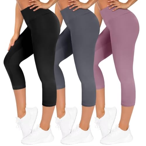 TNNZEET 3er Pack Capri Leggings Damen 3/4 für Sport, 7/8 Leggins High Waist Sporthose für Gym(Schwarz/Helllila/Dunkelgrau,S-M) von TNNZEET