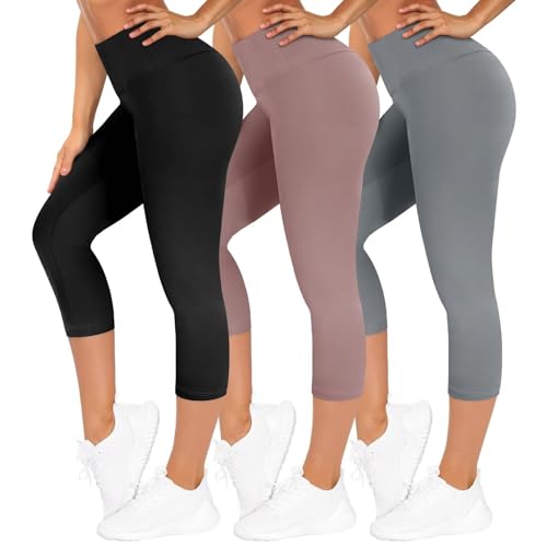 TNNZEET 3er Pack Capri Leggings Damen 3/4 für Sport, 7/8 Leggins High Waist Sporthose für Gym(Hellgrau/Hautfarbe/Schwarz,XXL) von TNNZEET