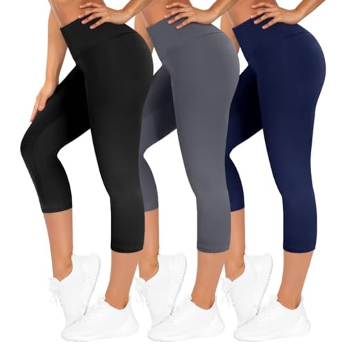 TNNZEET 3er Pack Capri Leggings Damen 3/4 für Sport, 7/8 Leggins High Waist Sporthose für Gym(Schwarz/Dunkelgrau/Marineblau,XXL) von TNNZEET