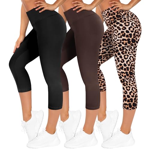 TNNZEET 3er Pack Capri Leggings Damen 3/4 für Sport, 7/8 Leggins High Waist Hose Sporthose für Gym Yoga(Schwarz/Leopard/Kaffee,L-XL) von TNNZEET