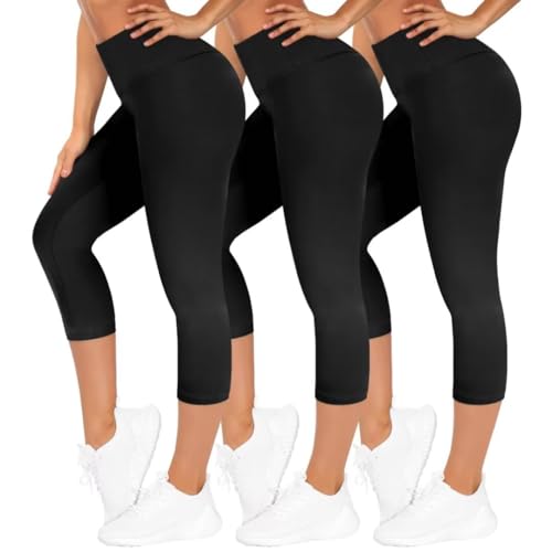 TNNZEET 3er Pack Capri Leggings Damen 3/4 für Sport, 7/8 Leggins High Waist Sporthose für Gym(Schwarz/Schwarz/Schwarz,3XL) von TNNZEET