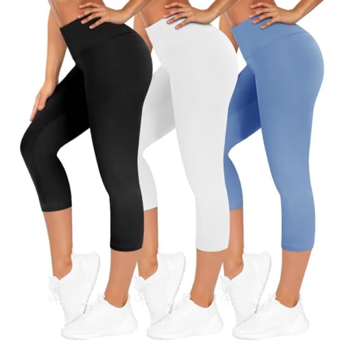 TNNZEET 3er Pack Capri Leggings Damen 3/4 für Sport, 7/8 Leggins High Waist Sporthose für Gym (Hellblau/Schwarz/Weiß,L-XL) von TNNZEET