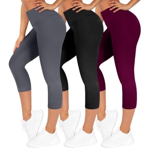 TNNZEET 3er Pack Capri Leggings Damen 3/4 für Sport, 7/8 Leggins High Waist Sporthose für Gym (Schwarz/Dunkelgrau/Violett,L-XL) von TNNZEET