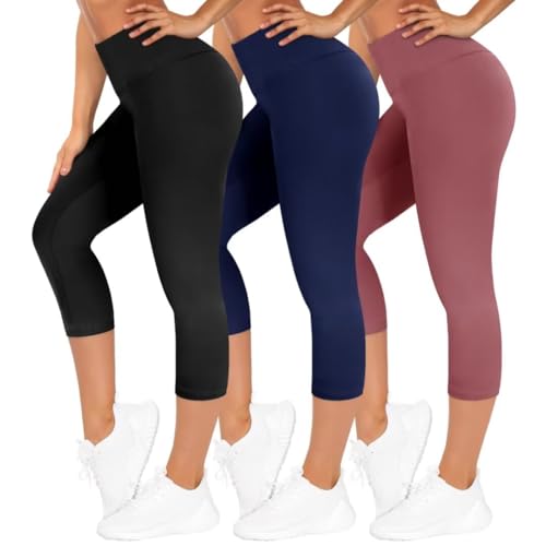 TNNZEET 3er Pack Capri Leggings Damen 3/4 für Sport, 7/8 Leggins High Waist Sporthose für Gym (Schwarz/Marineblau/Rosa,L-XL) von TNNZEET